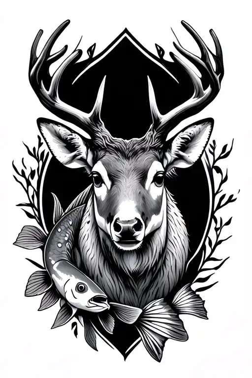 deer head and fish tattoo design idea