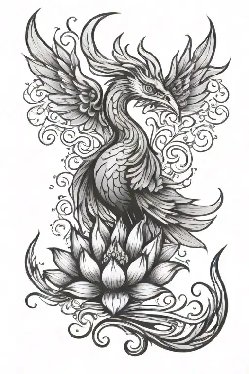 phoenix, lotus flower, fire flames tattoo design idea