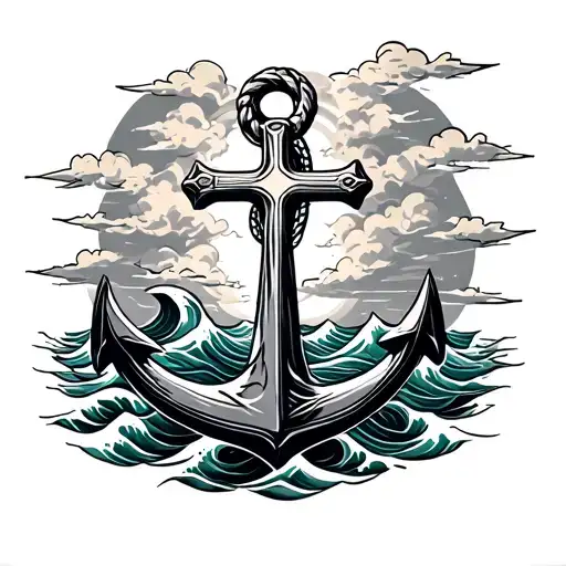 anchor, cross, waves, clouds surrounding tattoo design idea