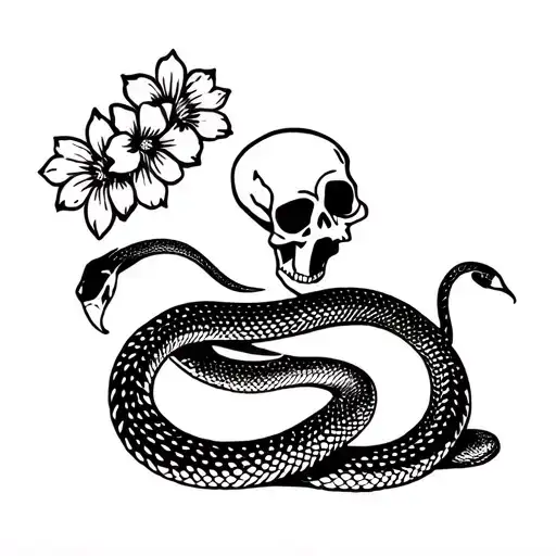 snake with flowers and skulls facing each other tattoo design idea