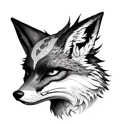 a entire fox from japanese folklore with his kitsune mask on the side of his head tattoo design idea