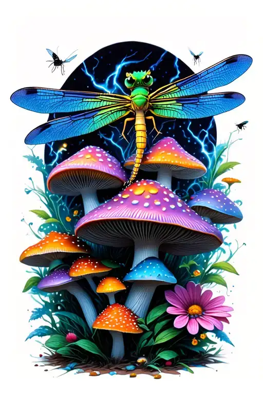 green, purple, and blue dragon fly perched on a group of psychedelic mushrooms with flowers and lightning bugs and littl tattoo design idea