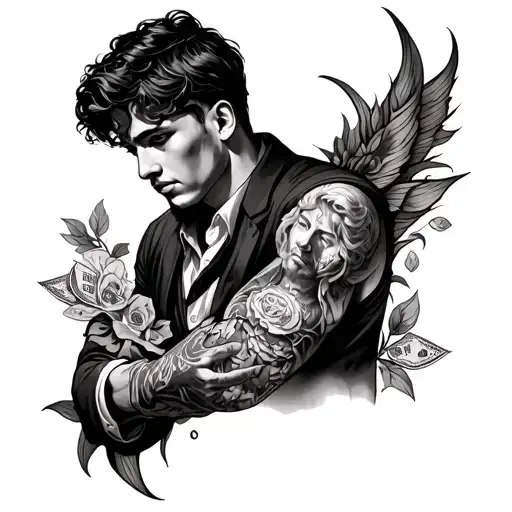 sleeve tattoo design that denote how a boy made fame , business, more money, their hardwork , love , time that all time tattoo design idea