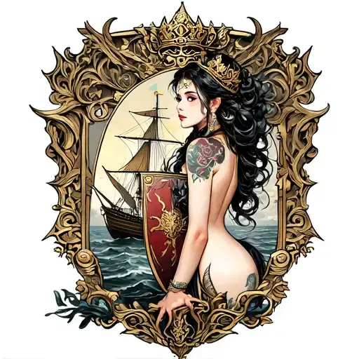 beautiful woman holding Shield, Thai style golden crown, incorporate sailboat in the background tattoo design idea