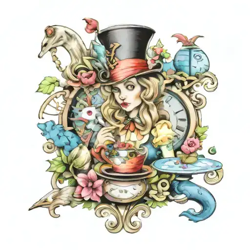 alice in wonderland tattoo design combining elements with name alicia written tattoo design idea