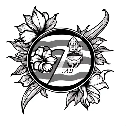 create a  tattoo that has el morro, the coqui, taino sun, hibiscus flower, 787, and puerto rican flag tattoo design idea