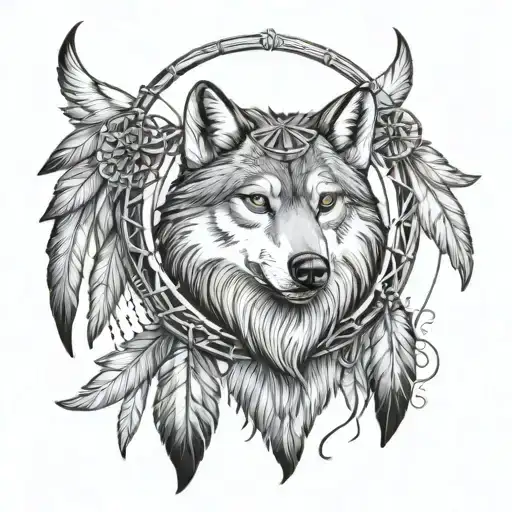 dream Catcher angel wings with wolf head tattoo design idea