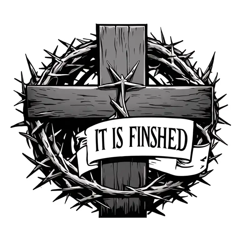 The cross, with the crown of thorns behind it, and the words it is finished vertical inside the cross. tattoo design idea