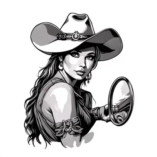 cowgirl looking in rear view mirror tattoo design idea