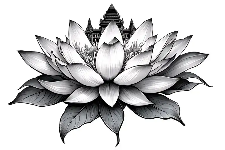 Angkor Wat behind lotus flower blooming flowers tattoo design idea