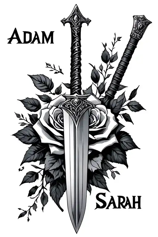 "Adam Sarah" sword and rose intertwined tattoo design idea