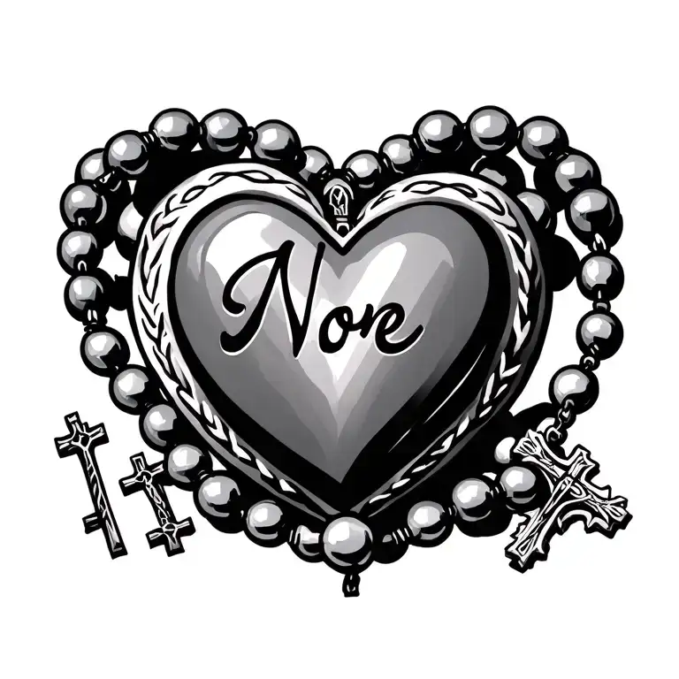 rosary necklace. 5 large beads down middle. heart with Noe written inside. cross with Jesus at bottom. tattoo design idea