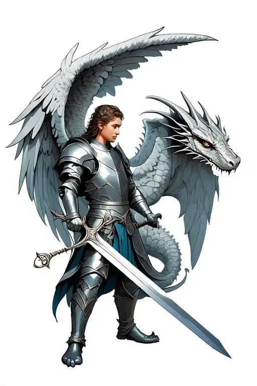 angel knight holding a sword with a dragon tattoo design idea