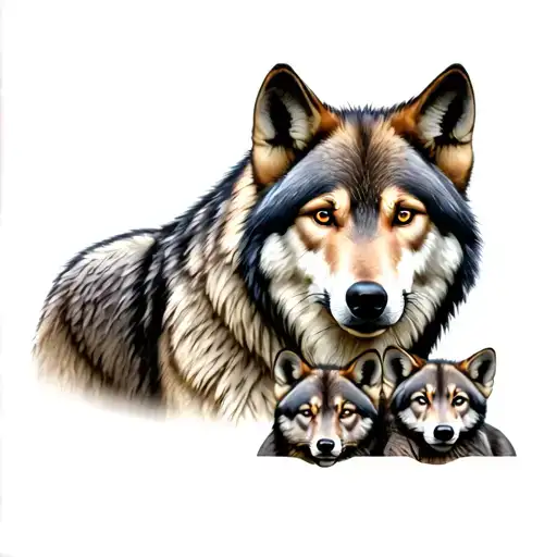 mom wolf with 3 cubs face only tattoo design idea