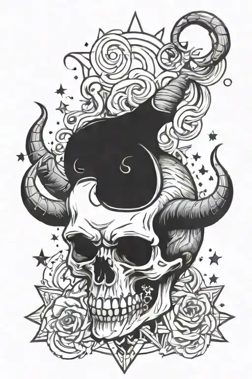 skull with devil horns surrounded by stars and smoke tattoo design idea