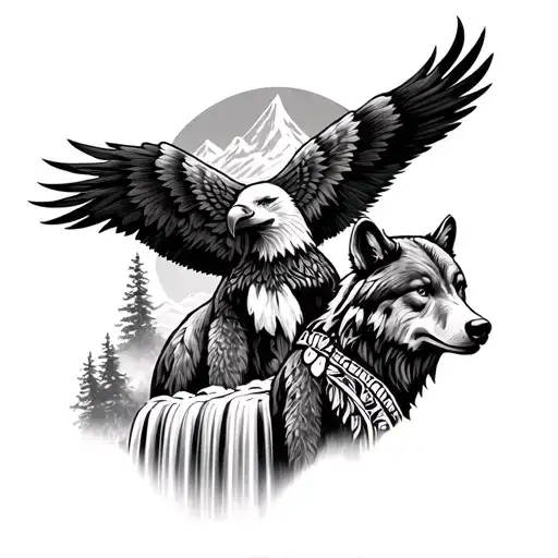 native American, flowing waterfall, the wolf, bear, eagle, sleeve, black and white tattoo design idea