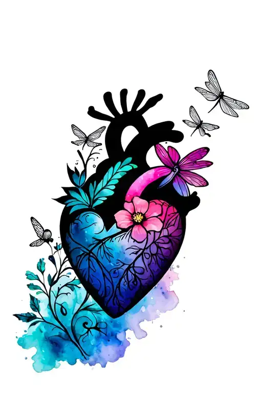 a black fine line tattoo of a heart holdin I itself with color to it and some wild florals and dragonflies tattoo design idea