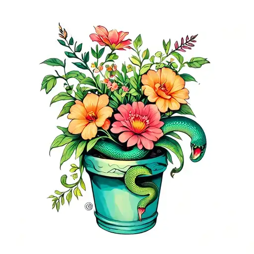 flowers snakes wrapped potted plants tattoo design idea