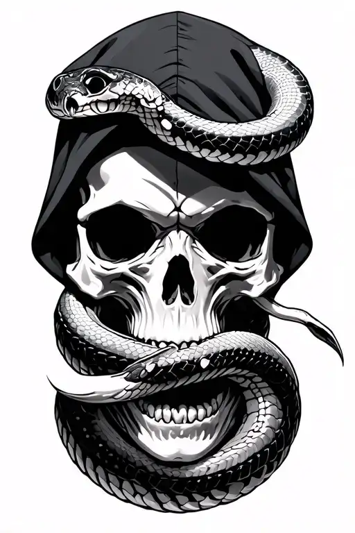Skull with hood biting snake wrapped tattoo design idea