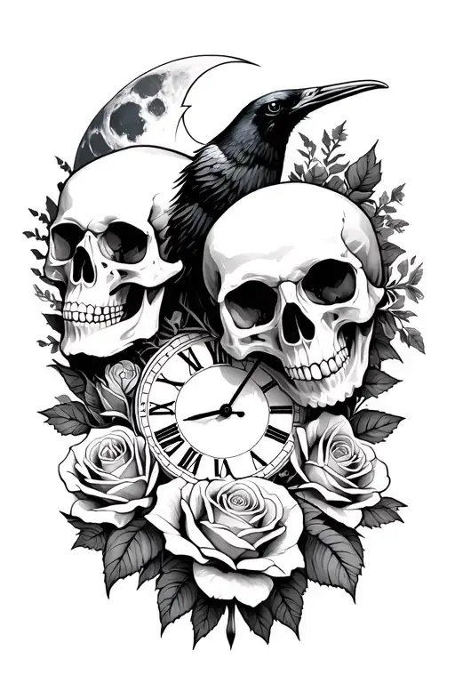 Roses, skulls, moon, clock, lightning, raven, heart tattoo design idea