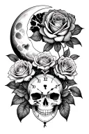 Roses, skulls, moon, clock, lightning, raven, heart tattoo design idea