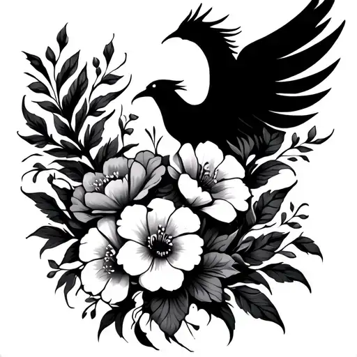 Black and white multiple flowers going across right side of chest onto the shoulder with phoenix  imbedded into the flow tattoo design idea