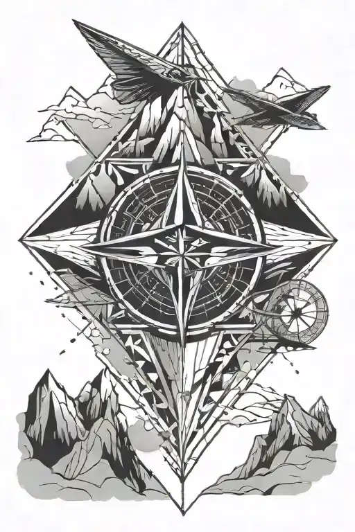 paper plane with compass with mountains tattoo design idea
