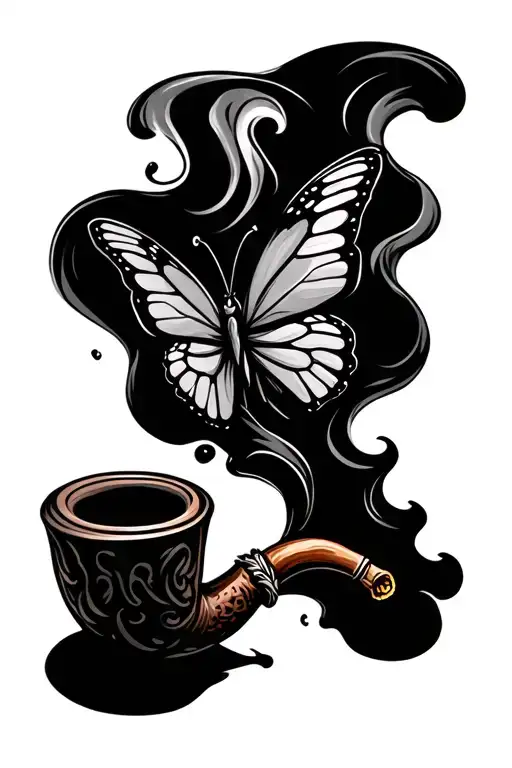 tobacco pipe with smoke shaped like a butterfly coming out tattoo design idea