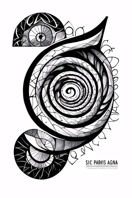a fibonacci spiral with geometric shapes, and the phrase SIC PARVIS MAGNA integrated in the deign tattoo design idea