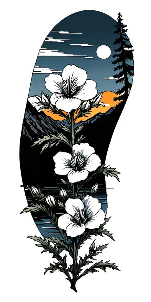 Rocky mountains columbine flowers pine trees colors sunset over lake tattoo design idea