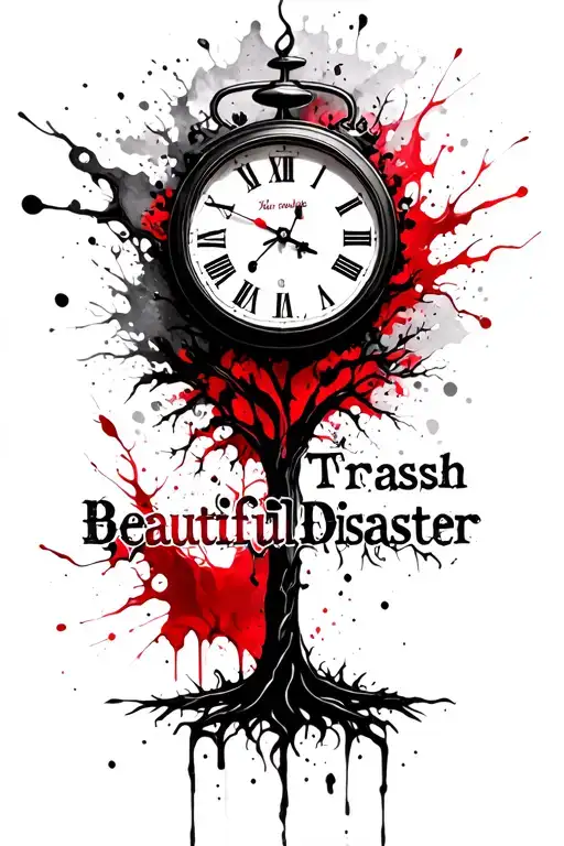 clock tattoo with tree and a word saying beautiful disaster tattoo design idea
