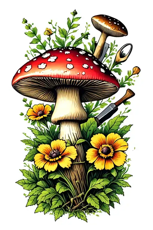 flowers, mushrooms, garden tools tattoo design idea