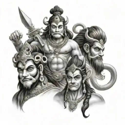 make me a tattoo idea for men, includes father and mother, Hindu gods hanuman, ram and shiva  tattoo design idea