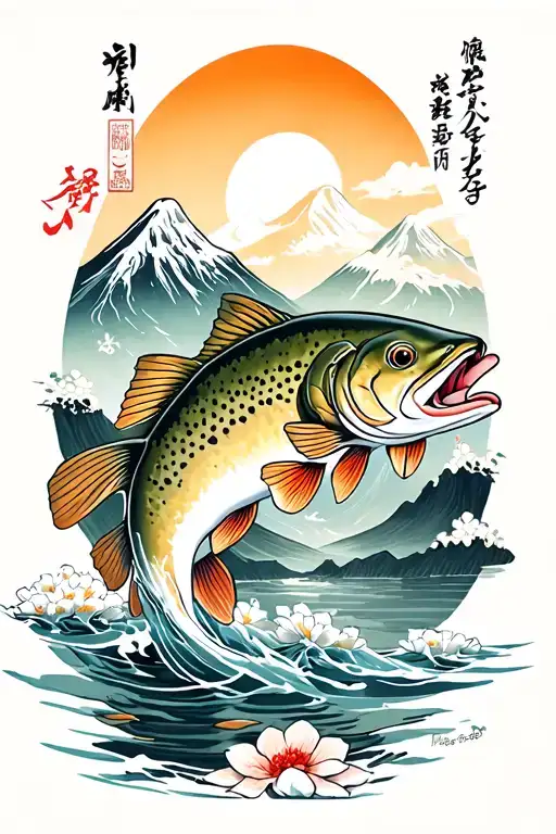 trout and mountains tattoo design idea