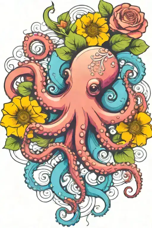 octopus, snowdrop, rose,  marigold flower tattoo design idea
