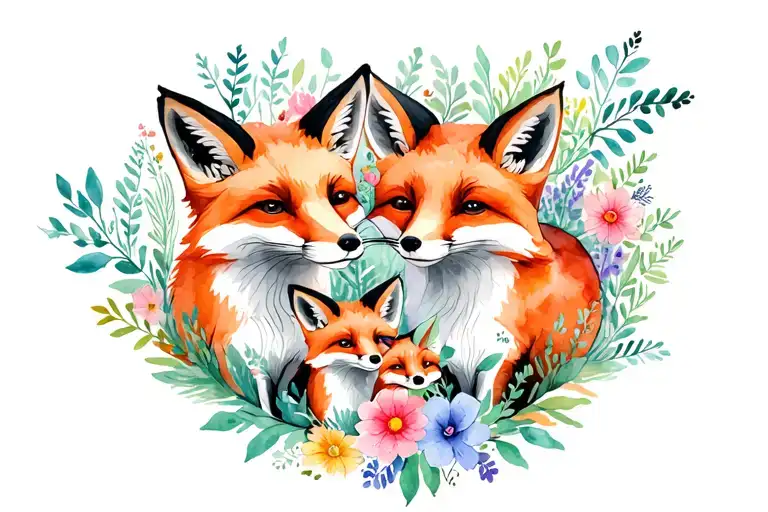 sketched family of foxes and flowers tattoo design idea