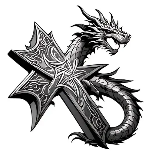 western cross with a dragon perched atop tattoo design idea
