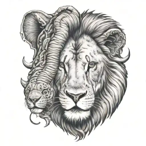 half lion and elephant head  blended  tattoo design idea