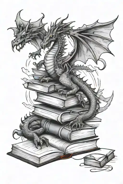 stack of open books surrounded by dragon flying tattoo design idea