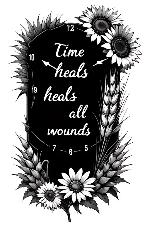 Sunflowers, daisies, a small old fashion clock, wheat grass and the saying "time heals all wounds" in cursive tattoo design idea