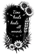 Sunflowers, daisies, a small old fashion clock, wheat grass and the saying "time heals all wounds" in cursive tattoo design idea