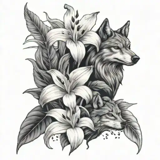 peace Lilly flower and wolf shade flower bouquet tattoo design idea