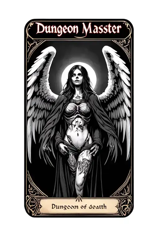 "Dungeon Master " D&D, tarot card, female angel of death, wings, d20, nsfw, nudity, boobs, tits, viscerals, organs, anatomy  tattoo design idea