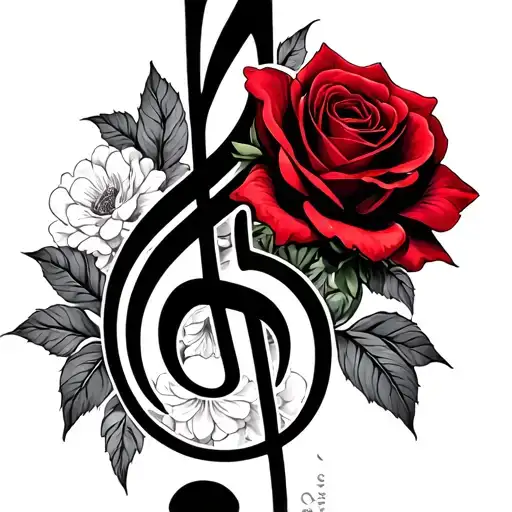 treble clef with a red rose through it, with mandala flowers behind  tattoo design idea