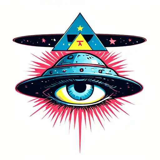 a detailed but simple tattoo design featuring a UFO and illuminati eye in 3D Anaglyph Style tattoo design idea