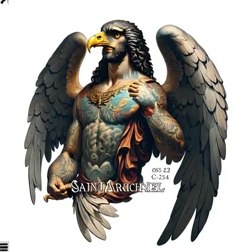 Saint Michael the Archangel, with the date 05/25/24 in Roman numerals, with an eagle. full arm tattoo tattoo design idea