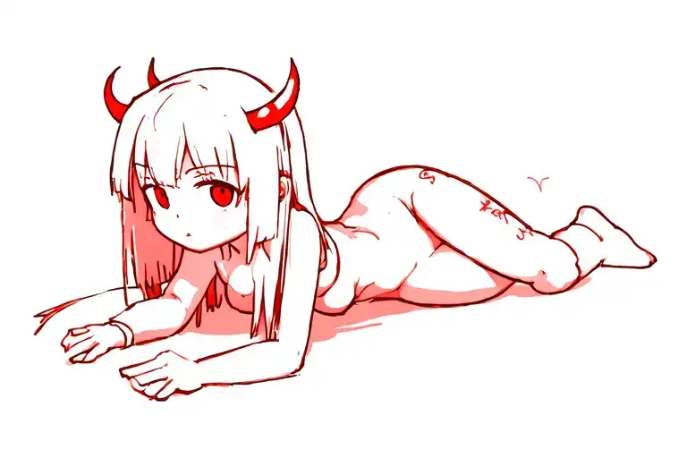 "Zero Two baby" reinterpretation as a red demon child. Pose: lying on her right side, knees slightly curled, right arm s tattoo design idea