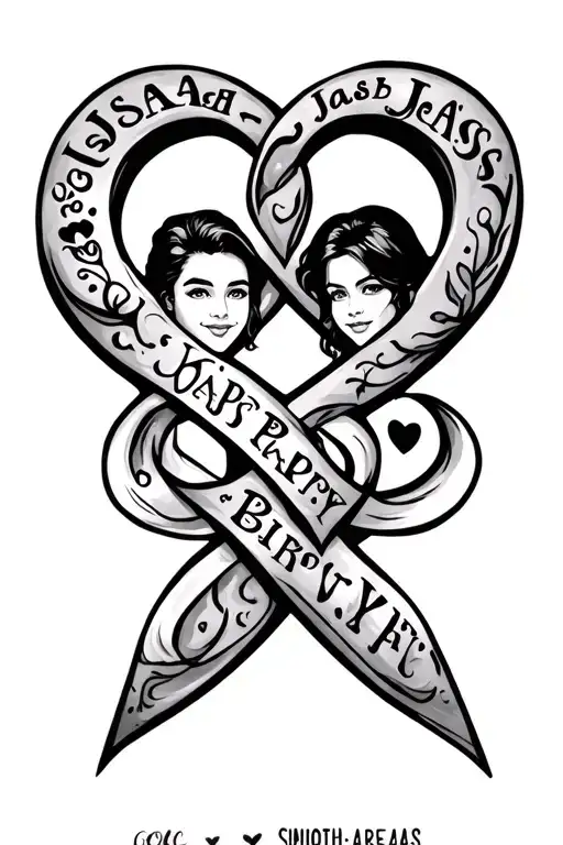 infinity sign with Josiah and Janessa in the holes of it with their birthday running through it and a heart locking it  tattoo design idea