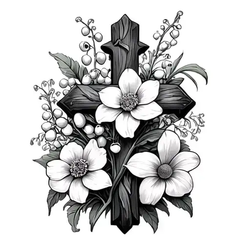 cross with marigolds daffodils lily of the valley and violets tattoo design idea