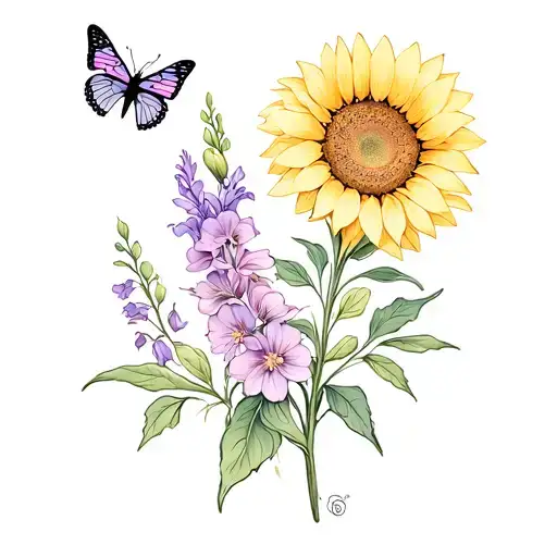 peach blossom, lilac, gladiolus, snapdragon, sage sprig, primrose, firefly, butterfly around a sunflower tattoo design idea